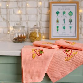 WAFFLE KITCHEN TOWEL WITH EMBROIDERY, 4 PIECE